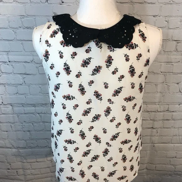LAUREN CONRAD Tank Top Floral Print w Velvety Laser Cut Collar-Small - Picture 4 of 5